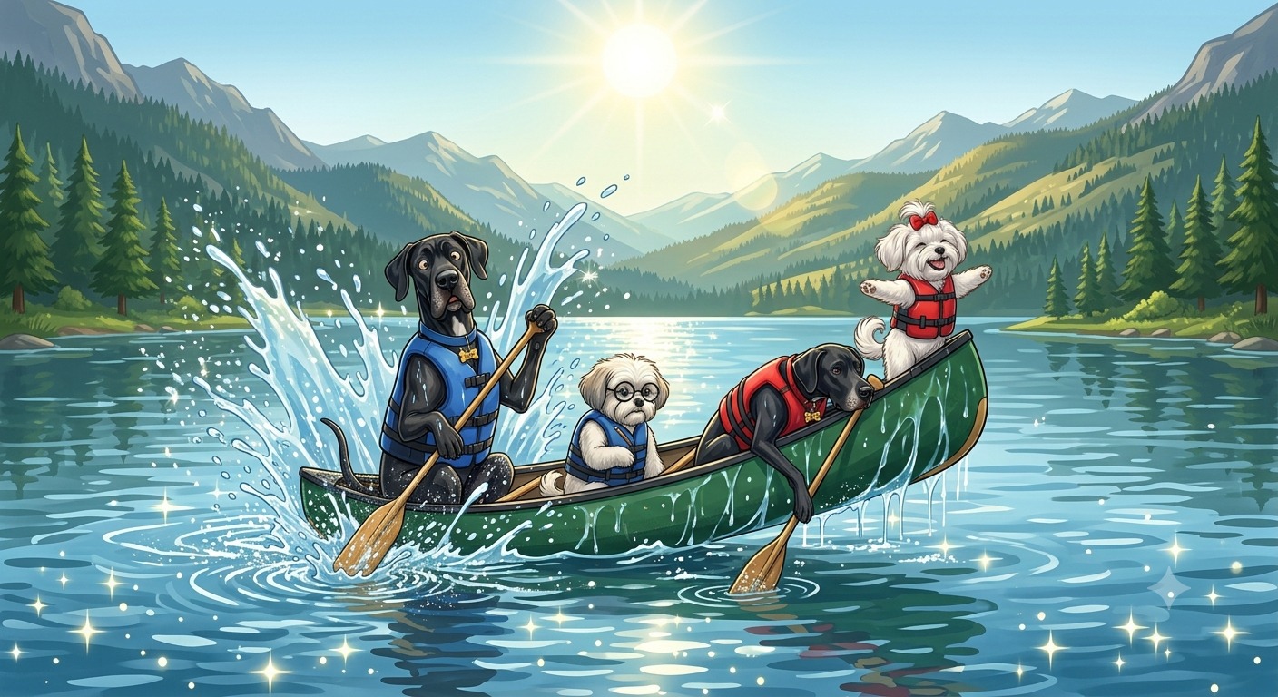 Max, Chloe, Cookie and Charlie canoeing on the lake